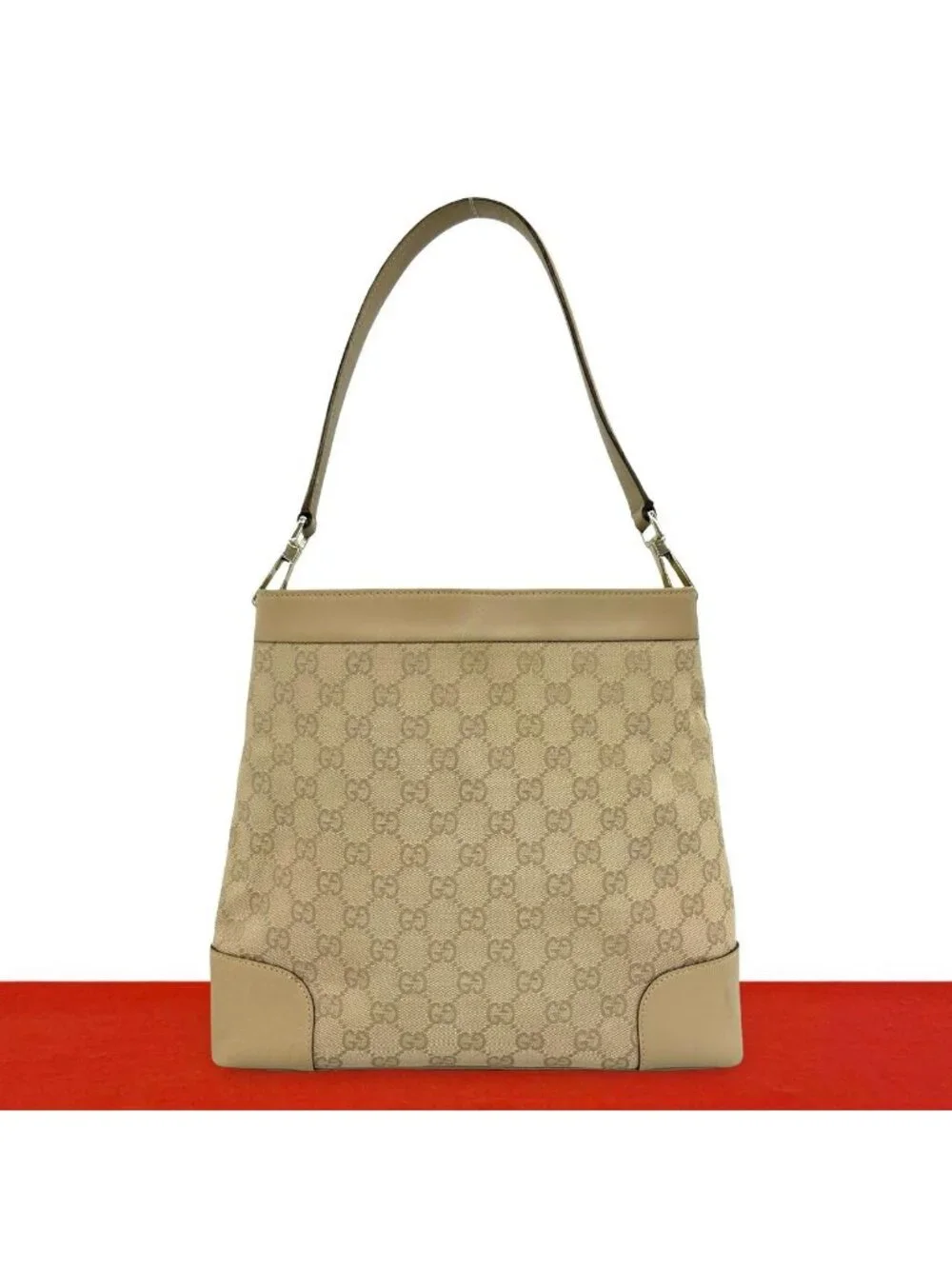 Gucci GG Canvas Pattern Leather Shoulder Bag Tote Beige